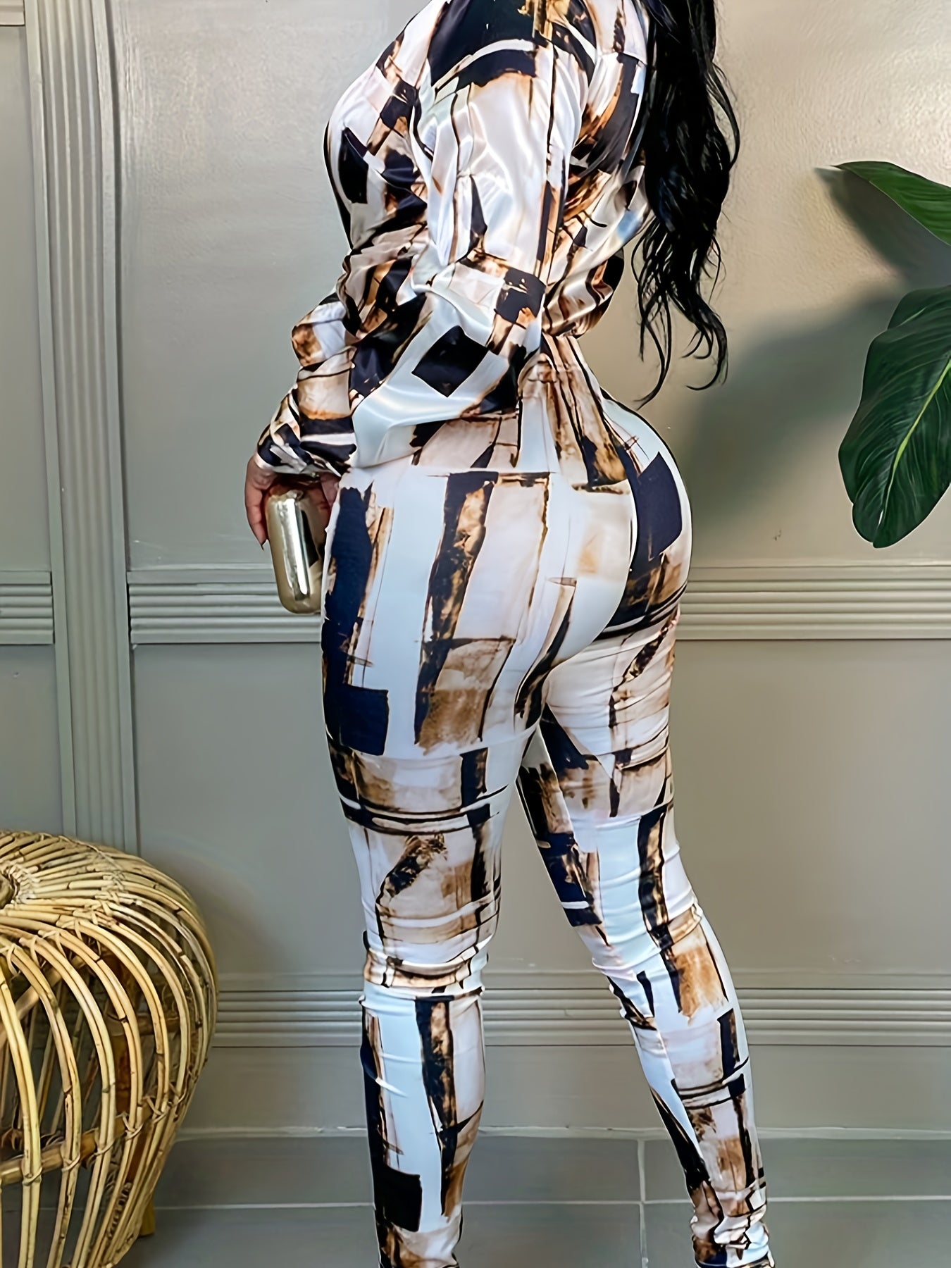 Elegant Gingham Printed Long Sleeve Square Neck Two-Piece Set | Button Details, Regular Fit, Suitable for All Seasons