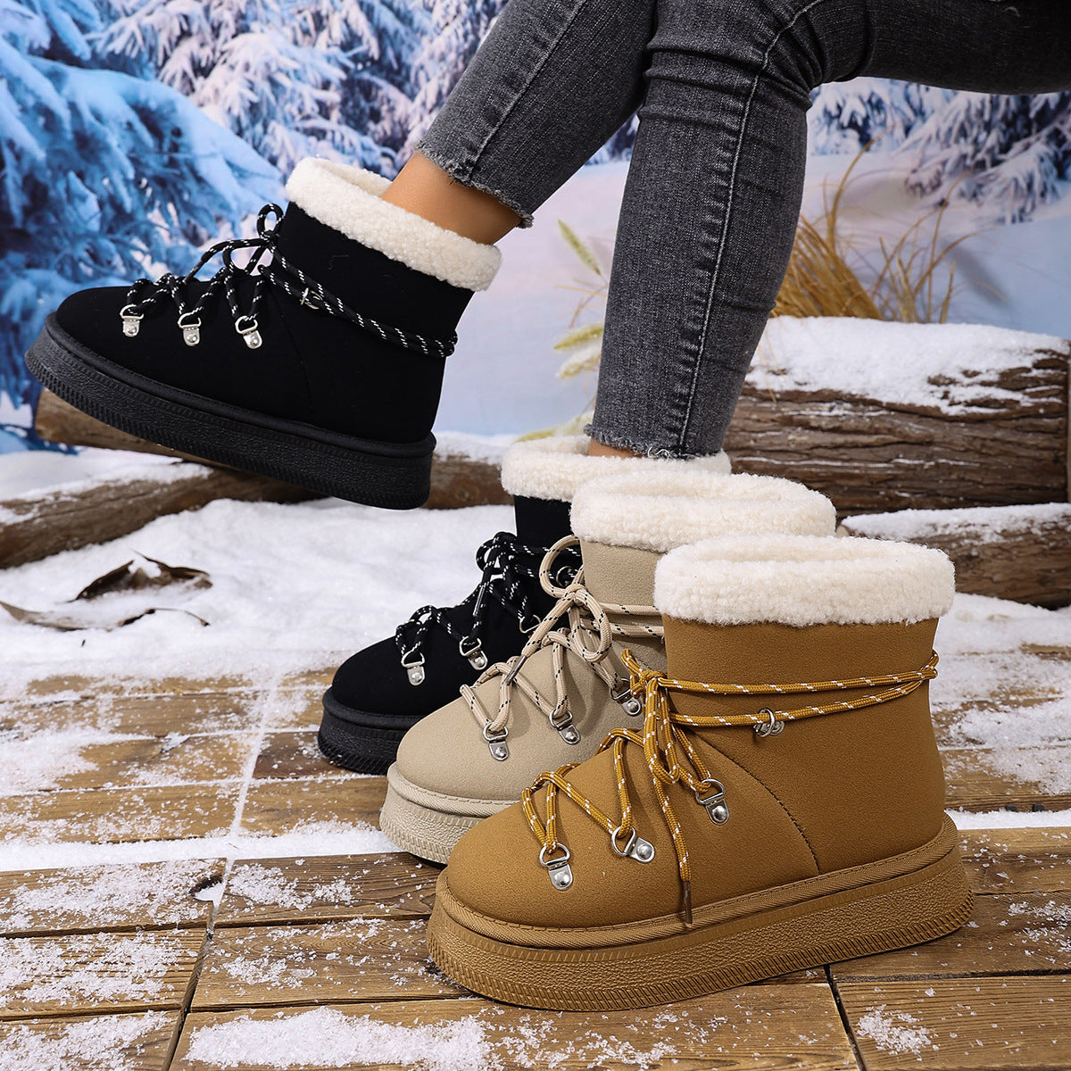 Women'S 2025 Fall & Winter Snow Boots - Fleece-Lined Plush Warm Slip-On & Lace-Up Chunky Platform Heel, Round Toe PU Cover Upper with Metal Buckle Accent, Thick Rubber Sole & - Slim-Fit Winter Boots for Cold Weather, Casual & Semi-Formal Outf