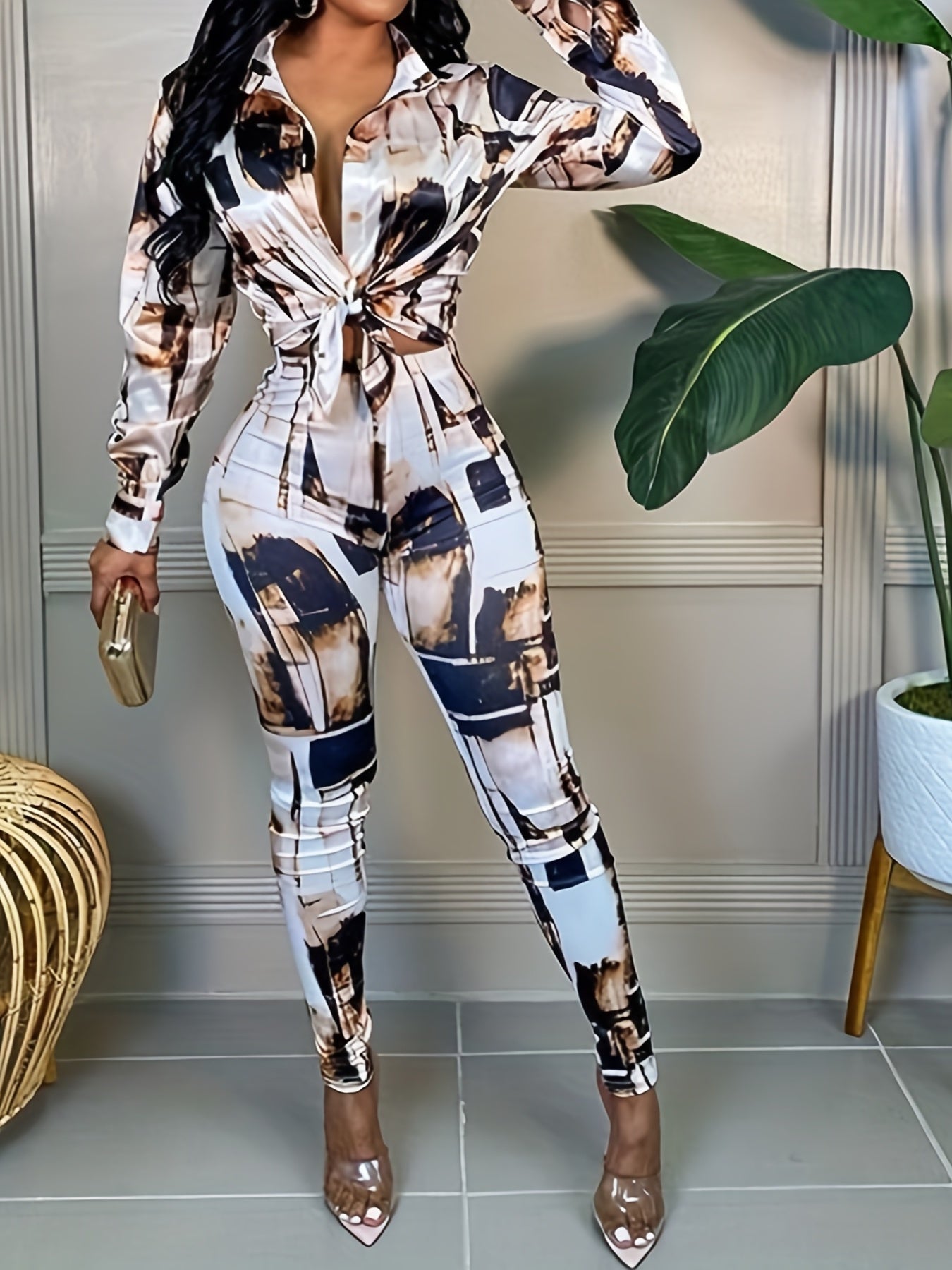 Elegant Gingham Printed Long Sleeve Square Neck Two-Piece Set | Button Details, Regular Fit, Suitable for All Seasons